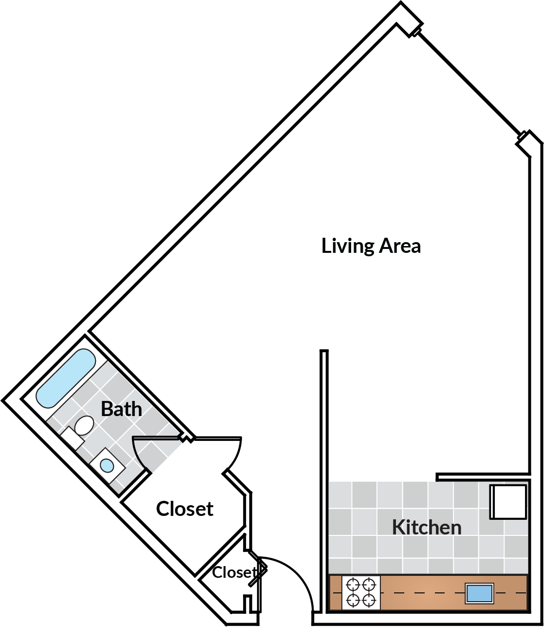 Floor plan for studio, 1 bath, 723 sqft